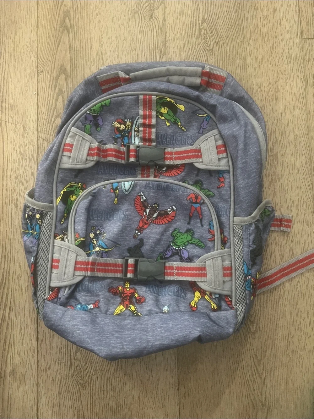 Pottery Barn Kids McKenzie Grey Backpack with Red and Multicolor Superhero Print
